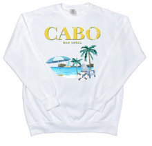 Load image into Gallery viewer, white Cabo San Lucas Beach sweatshirt printed on comfort colors premium crewneck