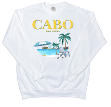 Load image into Gallery viewer, white Cabo San Lucas Beach sweatshirt printed on comfort colors premium crewneck
