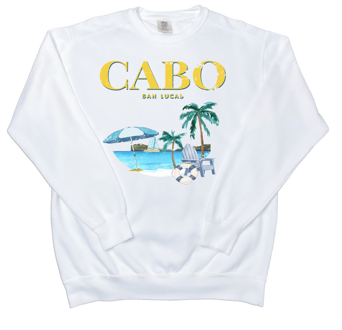 white Cabo San Lucas Beach sweatshirt printed on comfort colors premium crewneck